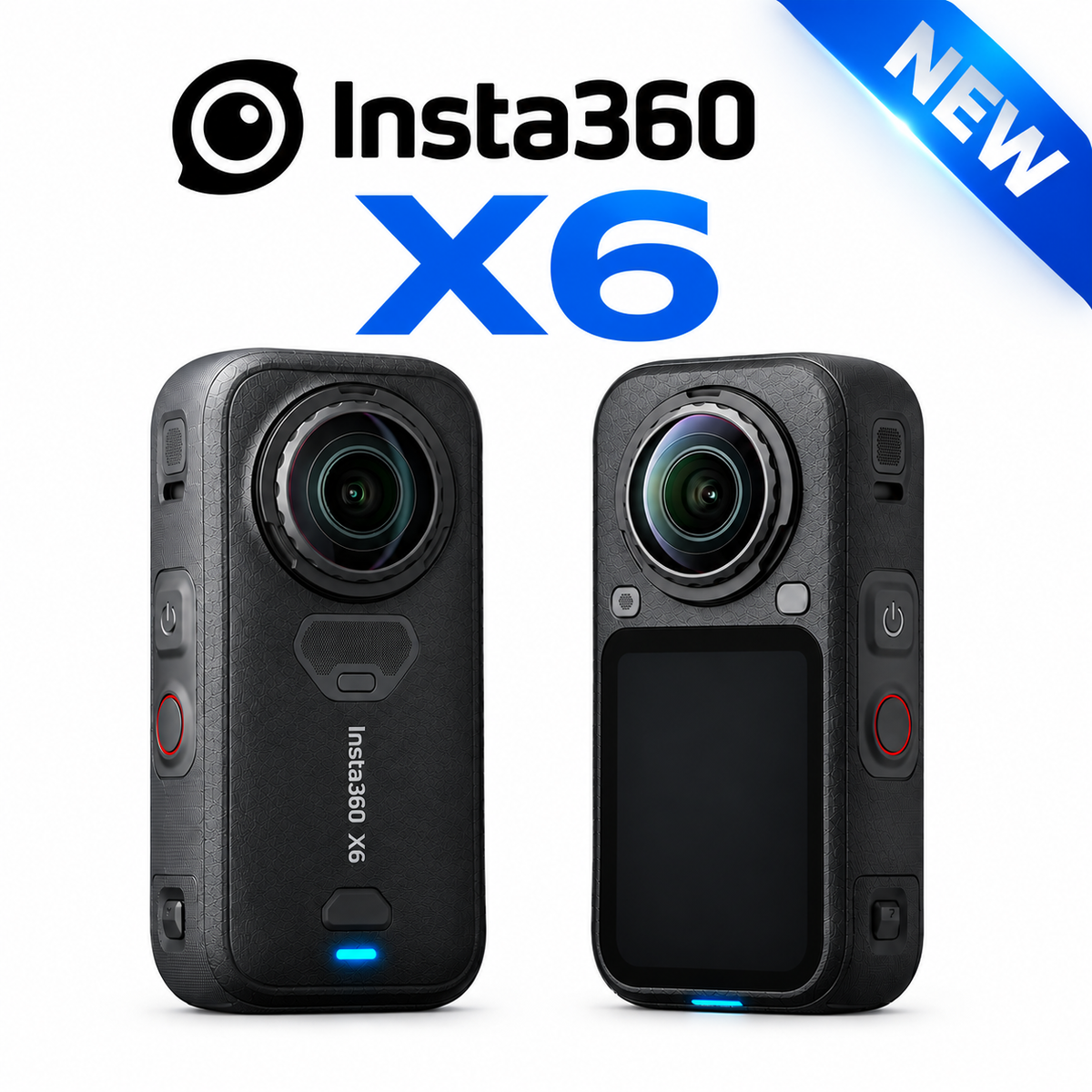 Insta360 X6 action camera shown from the front and back on a white background, with large Insta360 X6 branding and a blue NEW banner at the top.